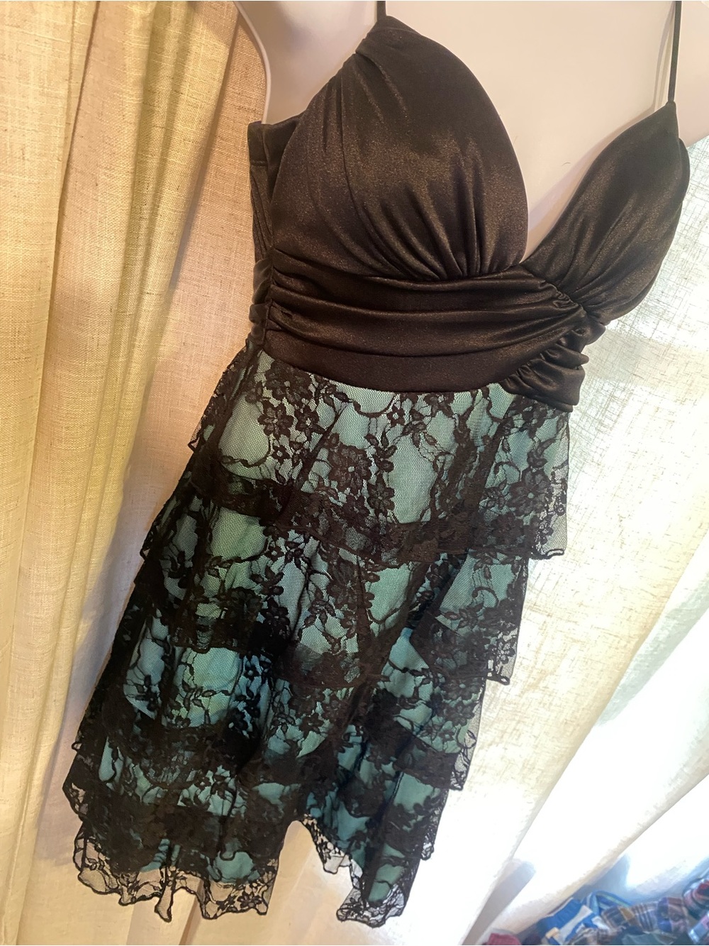 Vintage Y2K Xtraordinary Tiered Black Lace Teal Whimsigoth Party Mini Dress M - Picture 4 of 16